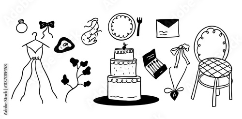 Hand-Drawn Wedding Illustration Set | Minimalist Doodle Vector for Bridal and Celebration Designs