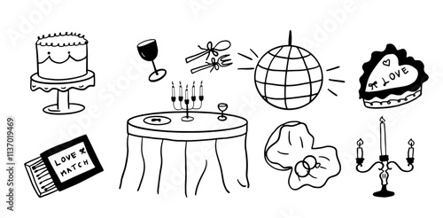 Hand-Drawn Wedding Illustration Set | Minimalist Doodle Vector for Bridal and Celebration Designs