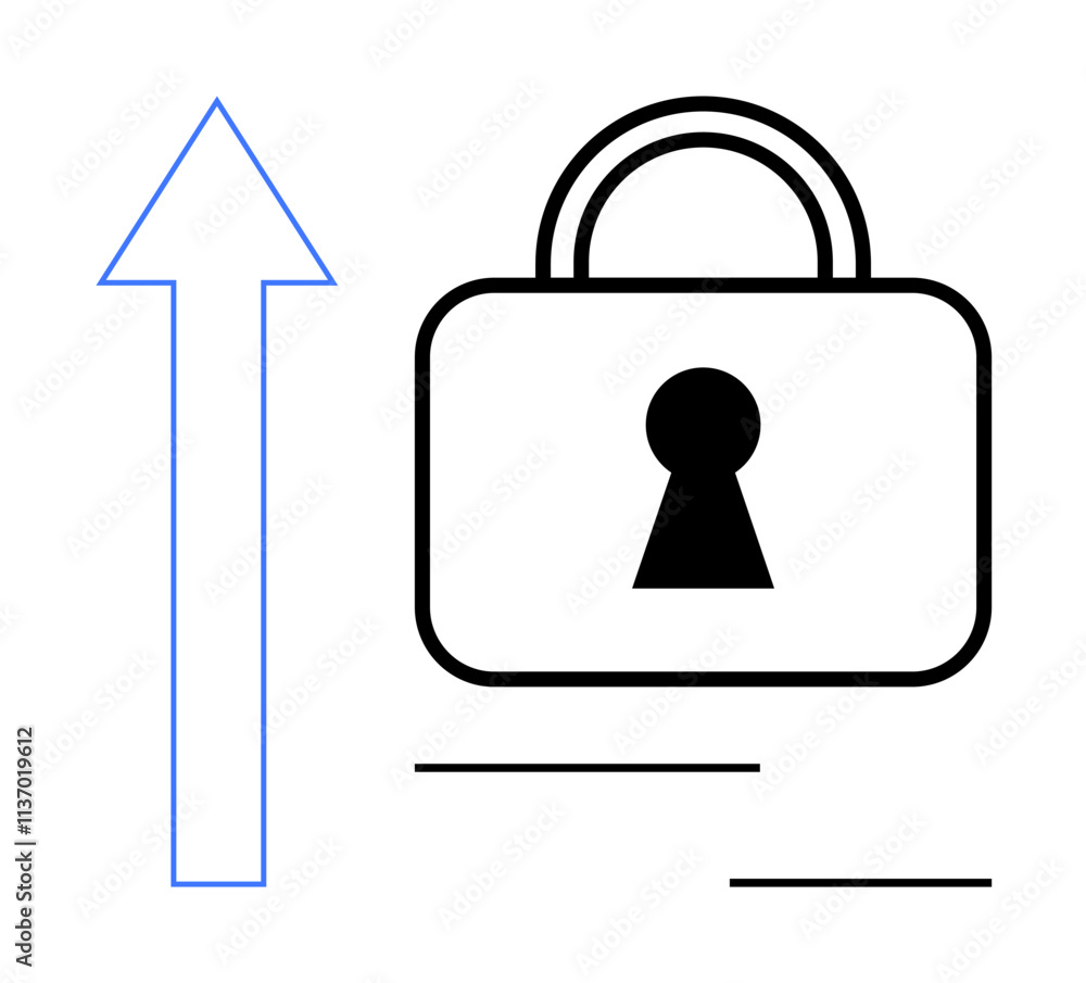Upward blue arrow next to black padlock with keyhole. Ideal for security growth, data protection, cybersecurity measures, increasing safety, technological advancement, secure development Upward blue arrow next to black padlock with keyhole. Ideal for security growth, data protection, cybersecurity measures, increasing safety, technological advancement, secure development