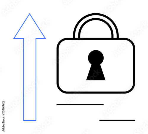 Upward blue arrow next to black padlock with keyhole. Ideal for security growth, data protection, cybersecurity measures, increasing safety, technological advancement, secure development