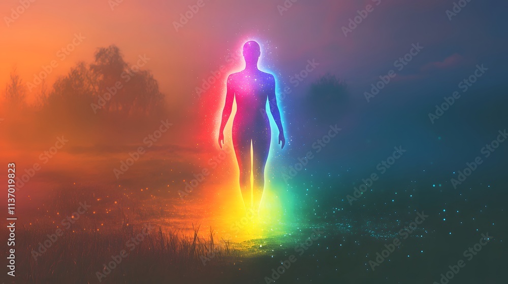 Obraz premium Radiant Human Figure in a Misty Sunset Landscape