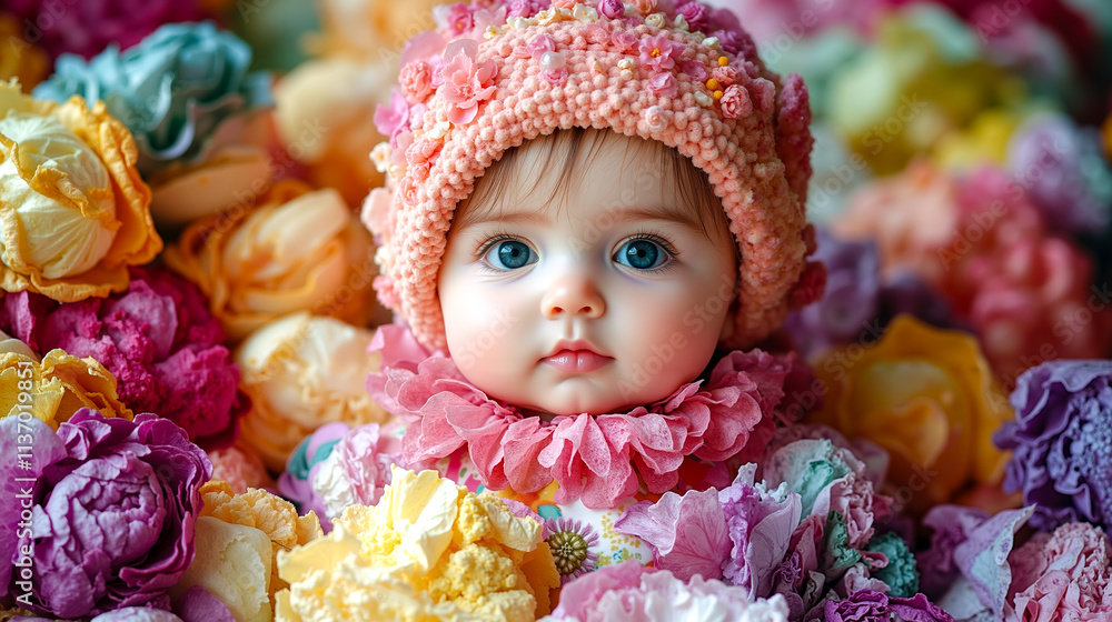 A baby doll sitting in a pile of flowers A baby doll sitting in a pile of flowers
