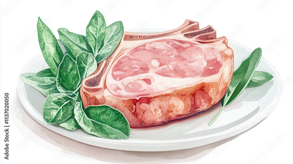 A visually striking cut-out illustration of a thick pork chop, featuring light pink and smoky grey tones, topped with vibrant green sage leaves A visually striking cut-out illustration of a thick pork chop, featuring light pink and smoky grey tones, topped with vibrant green sage leaves