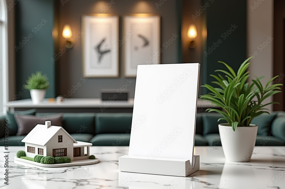 Modern living room interior with blank frame and small house model Modern living room interior with blank frame and small house model