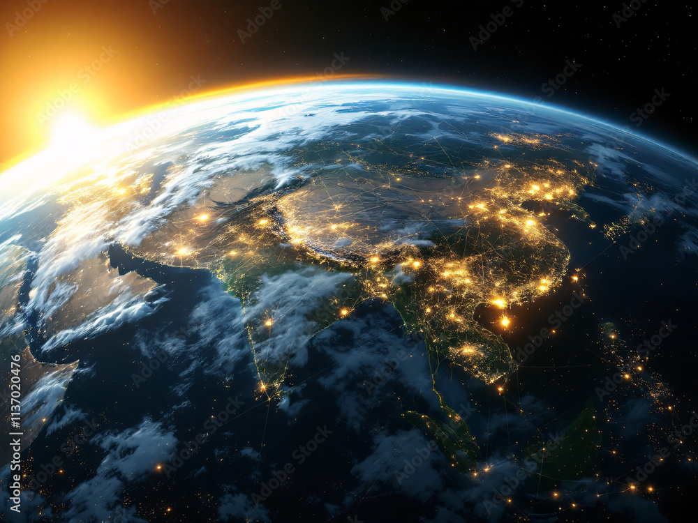 Obraz premium Earth, globe, space, night, lights, cities, continent, sunrise, dawn, atmosphere, stars, universe, planet, geography, map, technology, network, connections, urban, population, landmass, oceans, coast