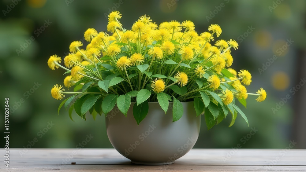 Vibrant yellow flowers in elegant ceramic planter on wooden tabletop Vibrant yellow flowers in elegant ceramic planter on wooden tabletop
