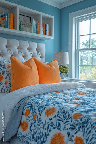 Photographie immobilière professionnelle d'une chambre d'enfant moderne avec lit simple, murs pastel et décoration ludique, ambiance chaleureuse et joyeuse photo