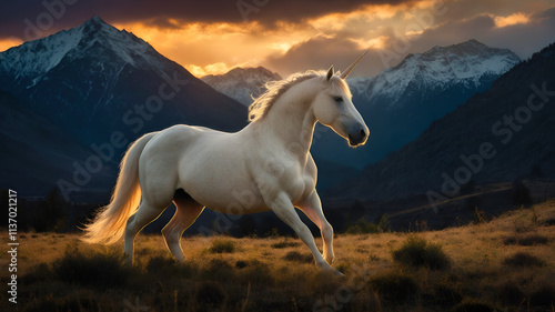 Fantastic backlit unicorn on the mountain at sunset.