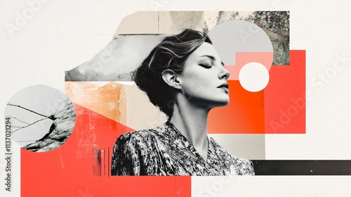 Modern art collage portrait of a woman with abstract geometric shapes and textures. Evokes beauty, fashion, and contemporary style.