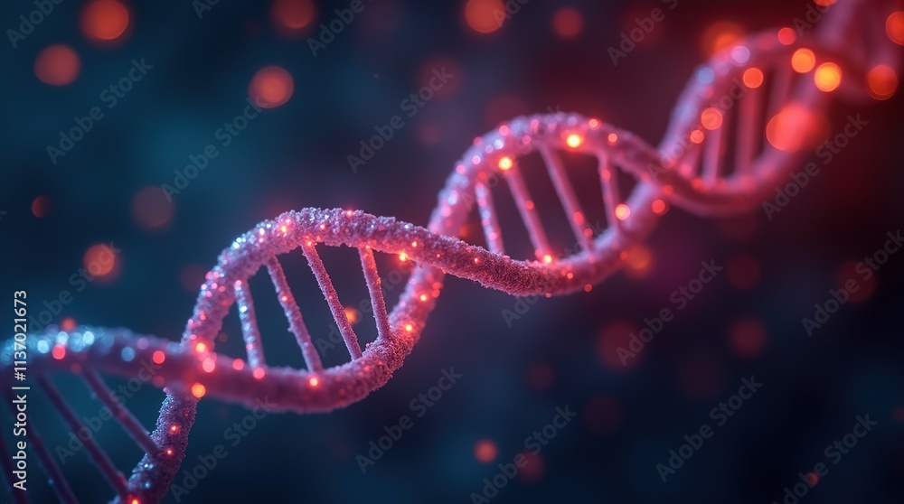 Glowing DNA strand amidst colorful, ambient light. Glowing DNA strand amidst colorful, ambient light.