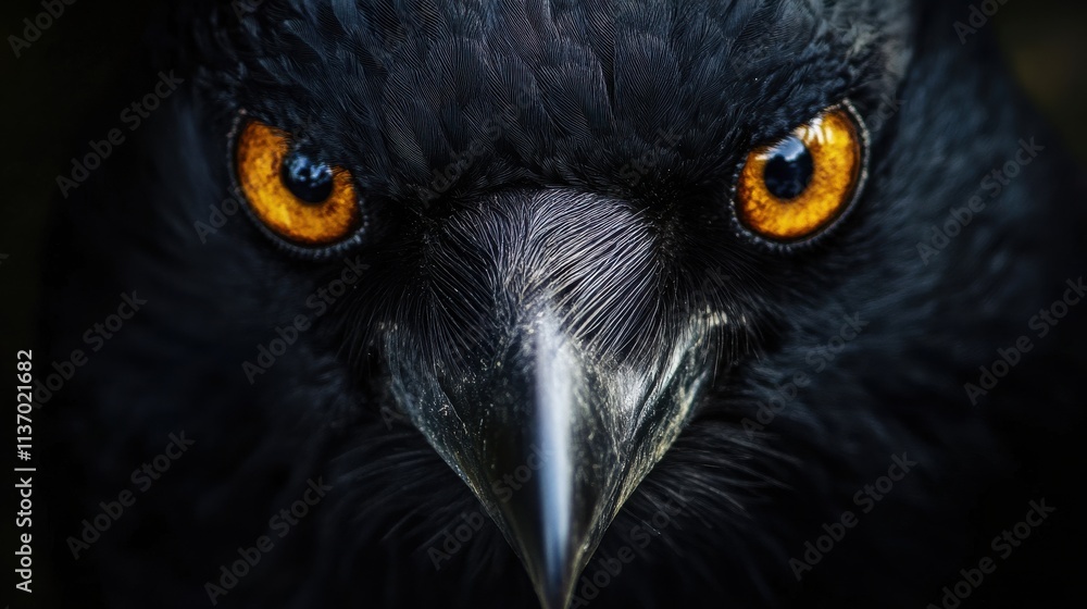 Close-up of a raven's intense gaze. The bird's dark feathers and bright orange eyes create a striking contrast. Close-up of a raven's intense gaze. The bird's dark feathers and bright orange eyes create a striking contrast.