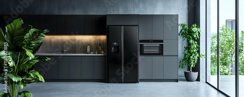 Modern Dark Kitchen Design, Sleek Black Cabinets and Appliances in a Contemporary Setting with Greenery Accents photo