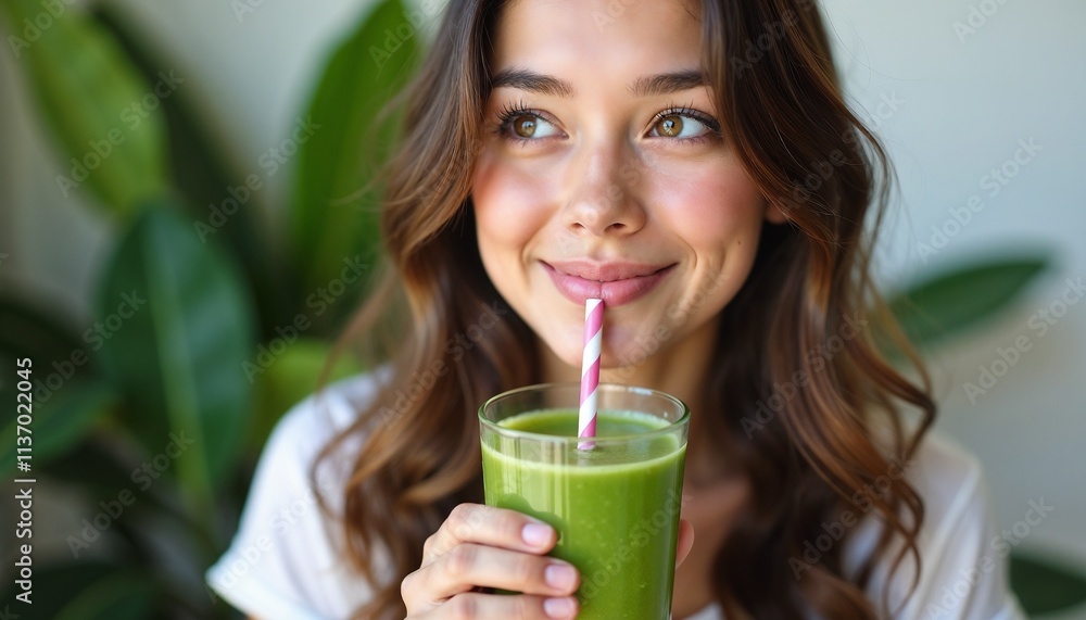 A cheerful woman drinks a healthy green smoothie while sitting indoors, showcasing wellness and vitality.
A cheerful woman drinks a healthy green smoothie while sitting indoors, showcasing wellness and vitality.