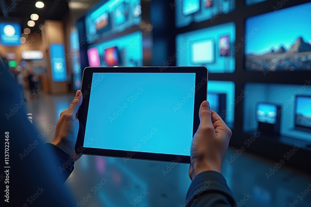 Hands holding tablet in electronics store with display screens in background Hands holding tablet in electronics store with display screens in background