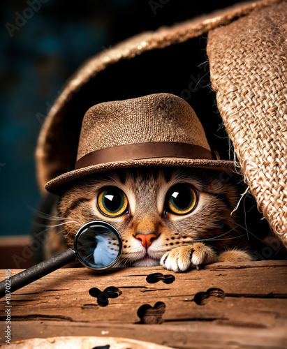 A cat wearing a hat and holding a magnifying glass photo