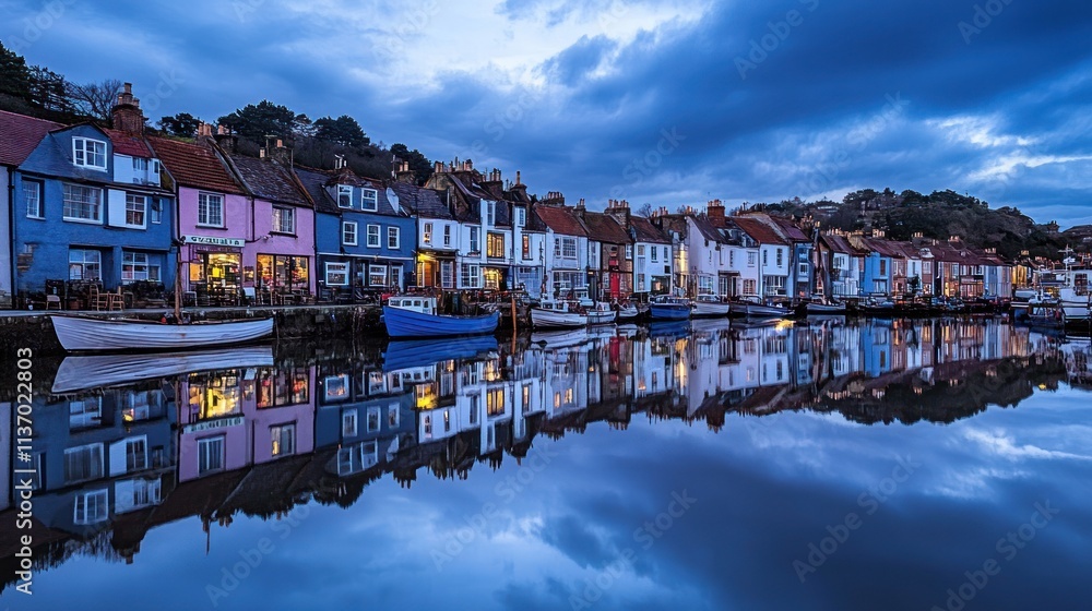 Picturesque Coastal Town at Dusk: A Serene Reflection Picturesque Coastal Town at Dusk: A Serene Reflection