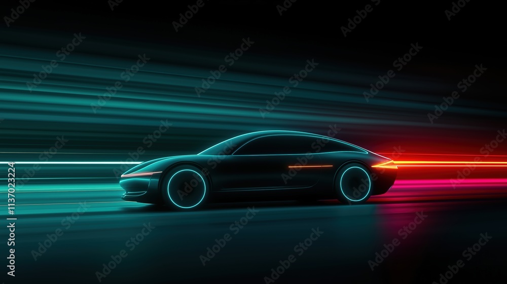 Obraz premium Futuristic silhouette of the car in motion, aerodynamic body, high-tech and ultra-modern look. Stripes of blue neon light and shadow create a tunnel on dark tones, a sense of speed and energy.