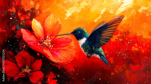 A painting of a hummingbird flying next to a red flower photo