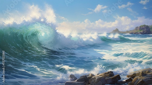 Fototapeta Naklejka Na Ścianę i Meble -  A photo of a seascape oil painting with crashing