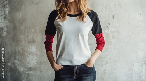 Woman in white, black, and red baseball tee.