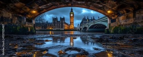 Cityscape,  Iconic Clock Tower Viewed from Underneath a Bridge, Muddy Riverbed, Dusk