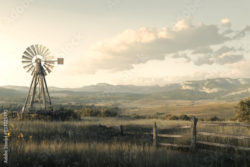Serene Sunset over a Prairie Windmill