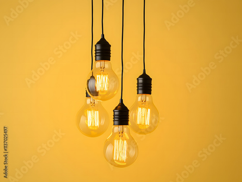 Hanging Light Bulbs on Yellow Background for Innovation and Creativity Concept