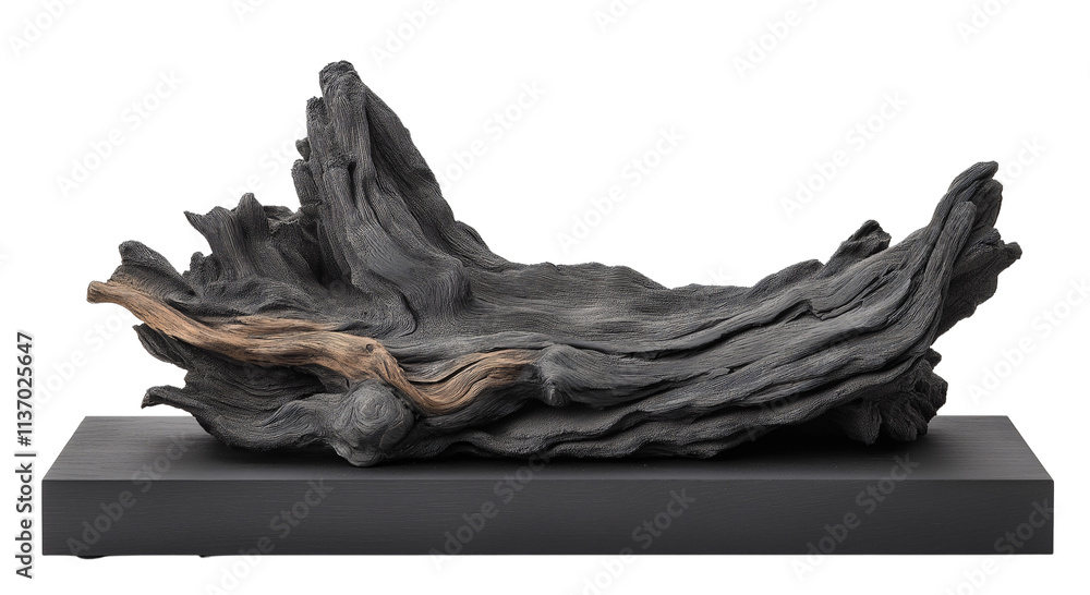 Intricate sculptural representation of textured natural wood resting on a sleek black base in a minimalist design Intricate sculptural representation of textured natural wood resting on a sleek black base in a minimalist design