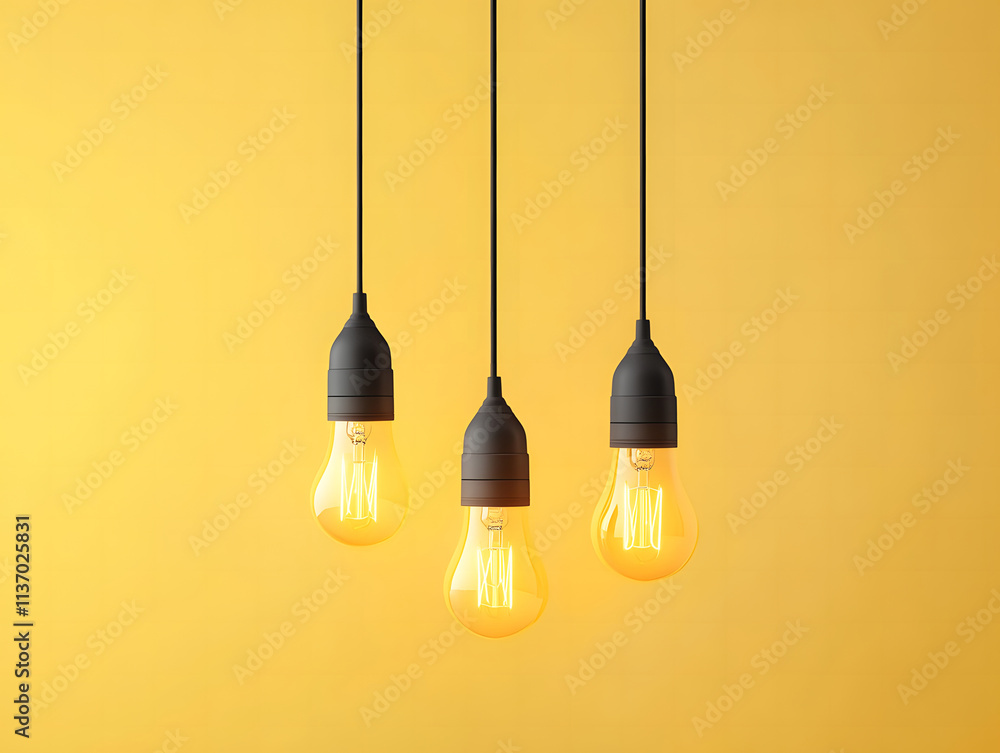 Hanging Light Bulbs on Yellow Background for Innovation and Creativity Concept Hanging Light Bulbs on Yellow Background for Innovation and Creativity Concept