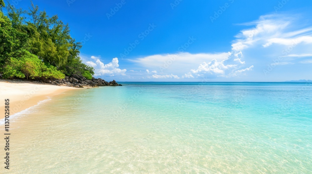 Serene Tropical Beach Paradise: Idyllic Shoreline, Azure Waters, and Lush Greenery under a Sunny Sky Serene Tropical Beach Paradise: Idyllic Shoreline, Azure Waters, and Lush Greenery under a Sunny Sky