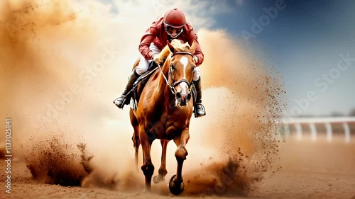 Horse competes in a race, ridden by a jockey, showcasing speed and elegance in the event. photo