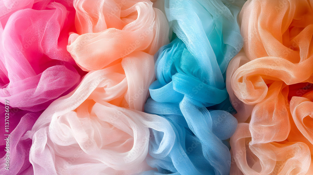 Pastel Sheer Fabric, A Dreamy Swirl of Peach, Pink, and Blue Pastel Sheer Fabric, A Dreamy Swirl of Peach, Pink, and Blue