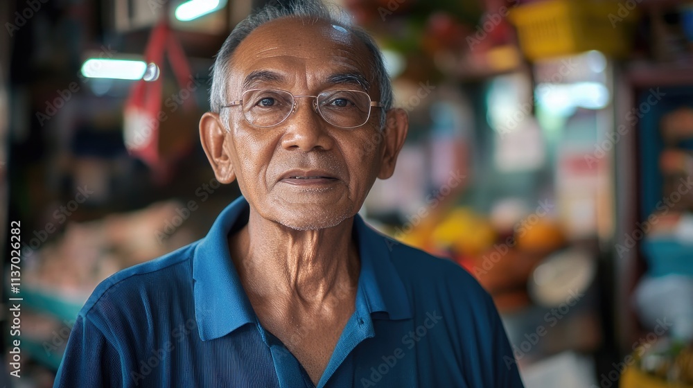 Portrait of a senior Asian man in a market. Portrait of a senior Asian man in a market.