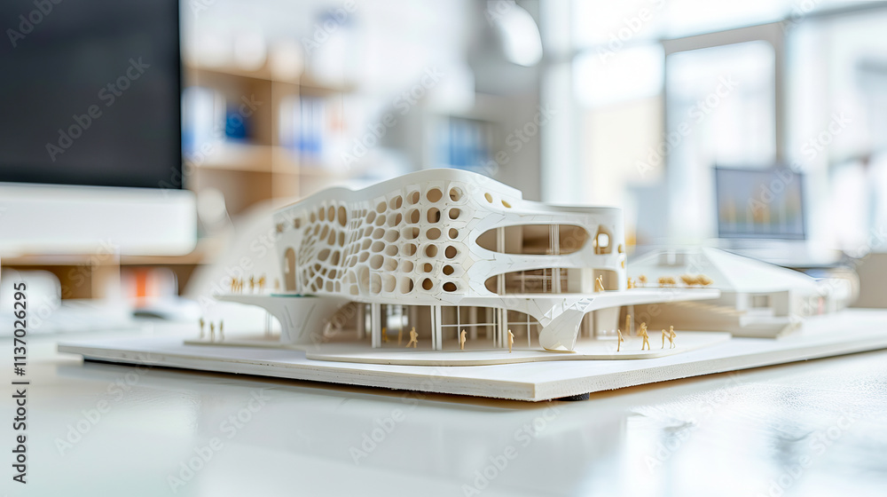 Close-up of a futuristic architectural model of a modern building in an office environment. Concept of innovative design, urban planning, architecture, and creative workspace Close-up of a futuristic architectural model of a modern building in an office environment. Concept of innovative design, urban planning, architecture, and creative workspace