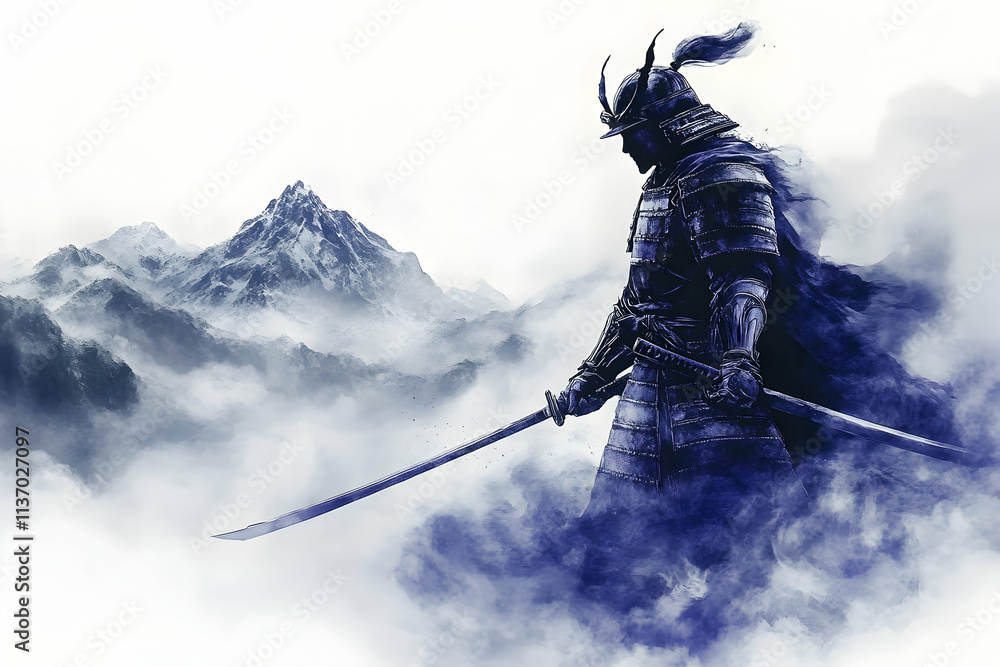 Samurai Warrior in Misty Mountains, Holds Katana Sword Samurai Warrior in Misty Mountains, Holds Katana Sword