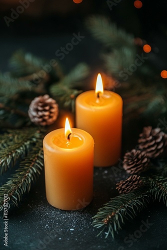 Burning Advent Candle - Abstract Christmas Background - First Advent Sunday - Vertical upright format with copy space