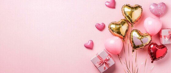 Happy valentines day banner. Pink and gold hearts foil balloons with gifts on pink Valentines Day background.