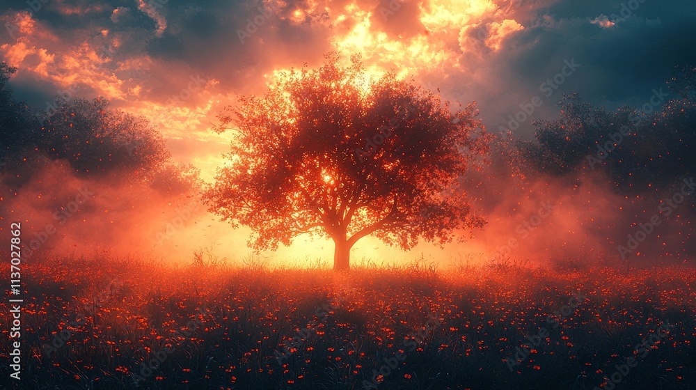 Lone tree glowing in dramatic orange and red sunset sky