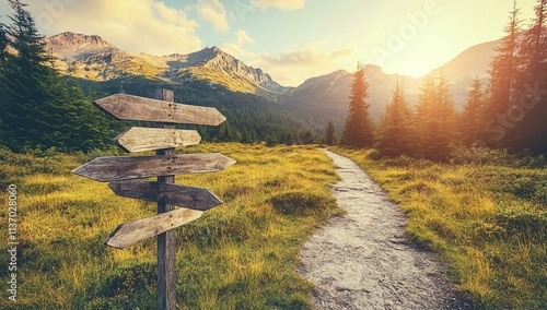 Wooden signs pointing in different directions on the path to the mountains representing multiple route options for adventure travel and the journey of life concept