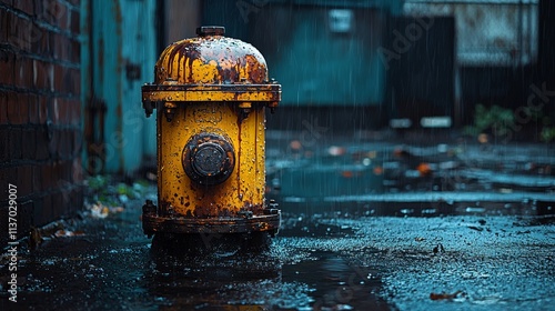 Yellow fire hydrant on a wet urban street after rain photo