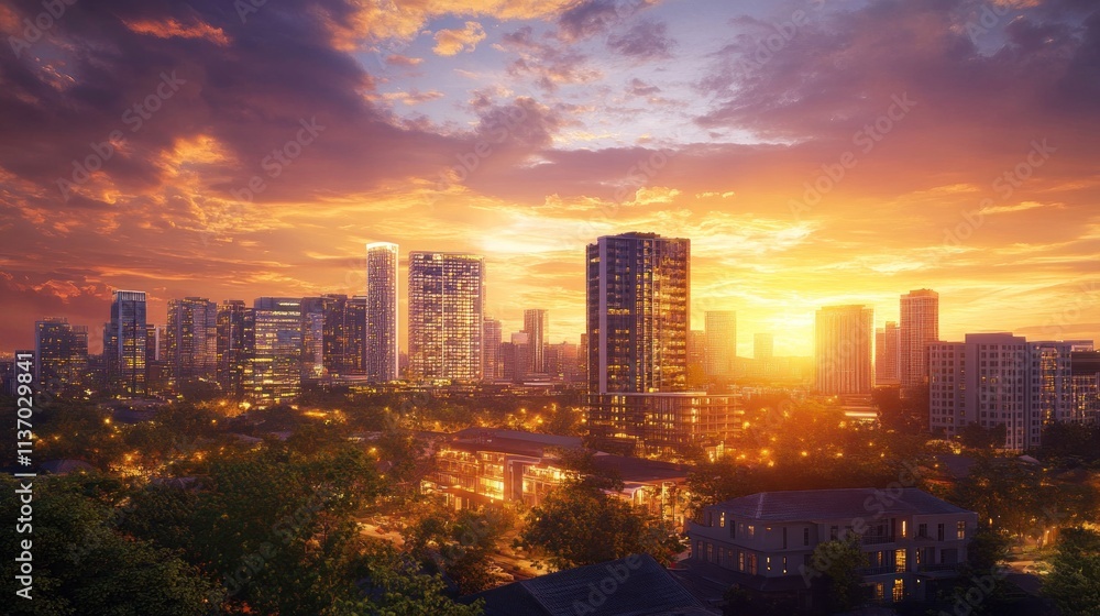 Fototapeta premium Golden Sunset Over City Skyline: Urban Panorama at Dusk