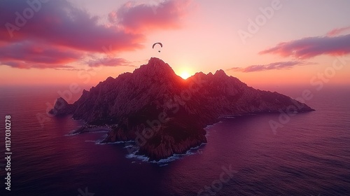 Paraglider soaring over dramatic sunset island.