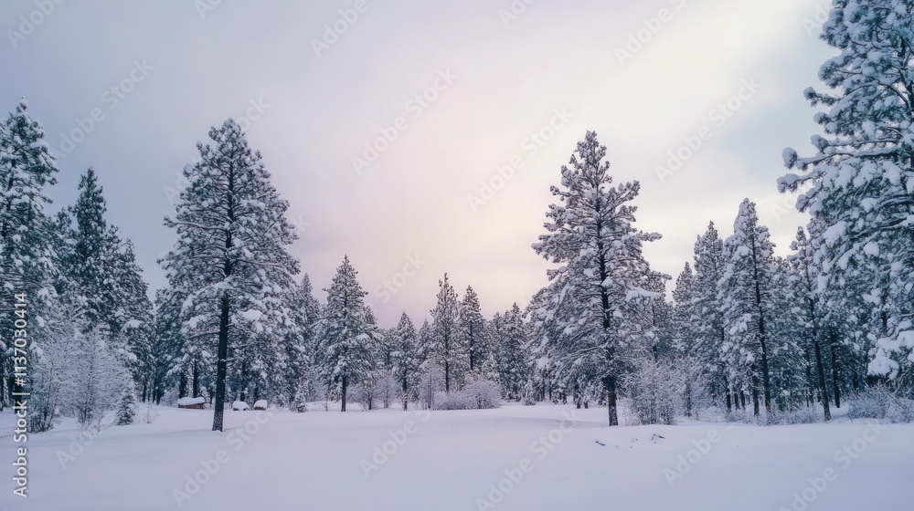 Serene Winter Wonderland: Snow-Covered Pine Forest at Dawn Serene Winter Wonderland: Snow-Covered Pine Forest at Dawn