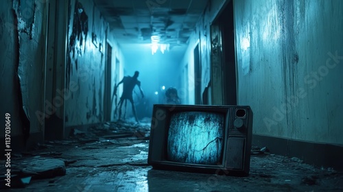 A haunting scene of an abandoned, decaying hallway, illuminated by an eerie blue light. Shadowy figures approach in the distance, while a broken TV set adds to the unsettling, apocalyptic atmosphere