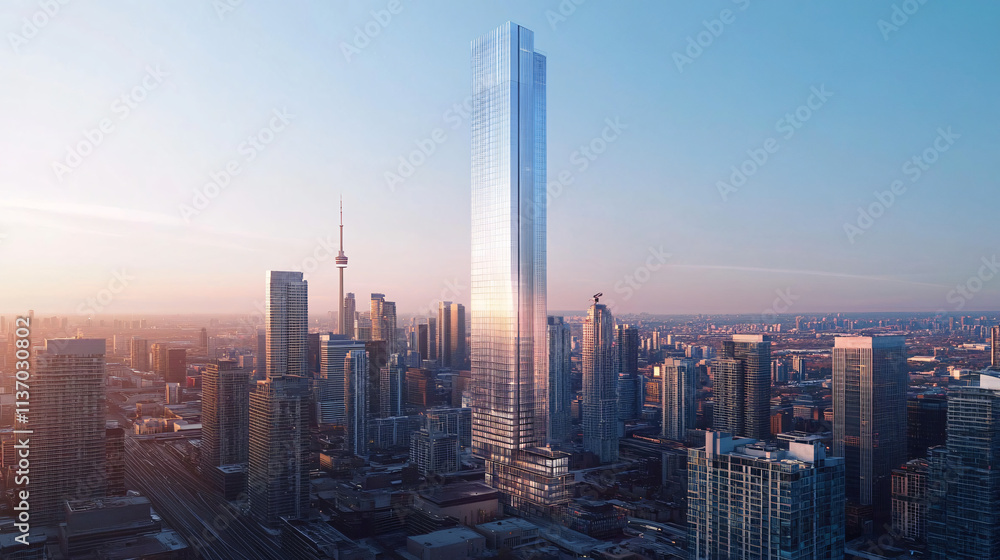 Fototapeta premium A modern skyscraper in a futuristic city, its surface made of reflective glass, towering over the surrounding buildings.