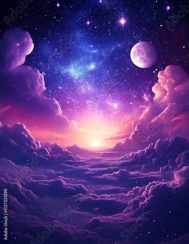 Purple Gradient Mystical Moonlight Sky with Clouds and Stars - Background Wallpaper