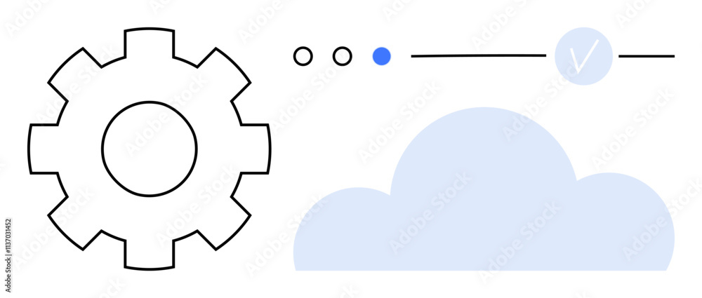 Gear icon, progress bar with three dots and blue indicator, light blue cloud, and checkmark tick. Ideal for technology, software development, system settings, cloud services, data synchronization Gear icon, progress bar with three dots and blue indicator, light blue cloud, and checkmark tick. Ideal for technology, software development, system settings, cloud services, data synchronization
