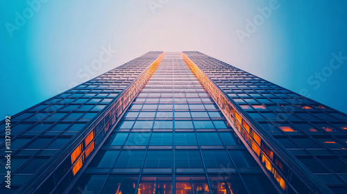 Wallpaper Mural A modern skyscraper with a sleek metallic exterior, towering above the city with vibrant city lights reflecting off its surface. Torontodigital.ca