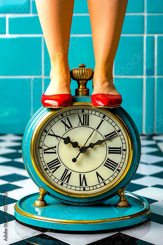 A woman standing on top of a clock with her feet on it photo