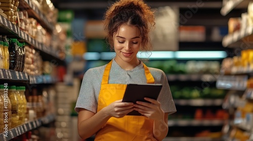 Grocery Store Owner Utilizing Digital Tablet for Efficient Management